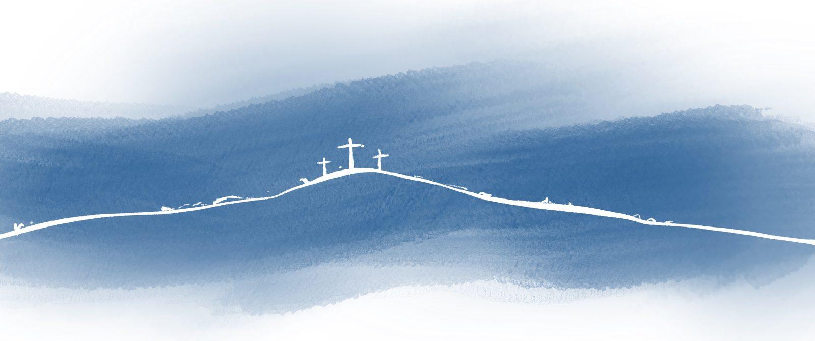 Blue water and sky with crosses on the horizon